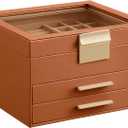 SONGMICS GISELLA Collection - Jewelry Box Organizer, 3-Layer Jewelry Storage with 2 Drawers, Shiny Metal Hardware, Glass Lid, Modern, 8 x 9.1 x 5.3 Inches, Caramel Brown and Gold Color UJBC239K01