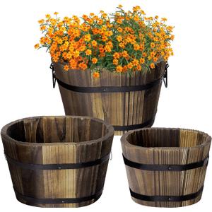 Adnee 3 Pcs Wooden Whiskey Barrel Planters - 3 Sizes Wooden Bucket Barrel Garden Planters Set - Rustic Flower Planters Pots Container for Indoor Outdoor Garden Home Plants(5.3",7.3",8.3")