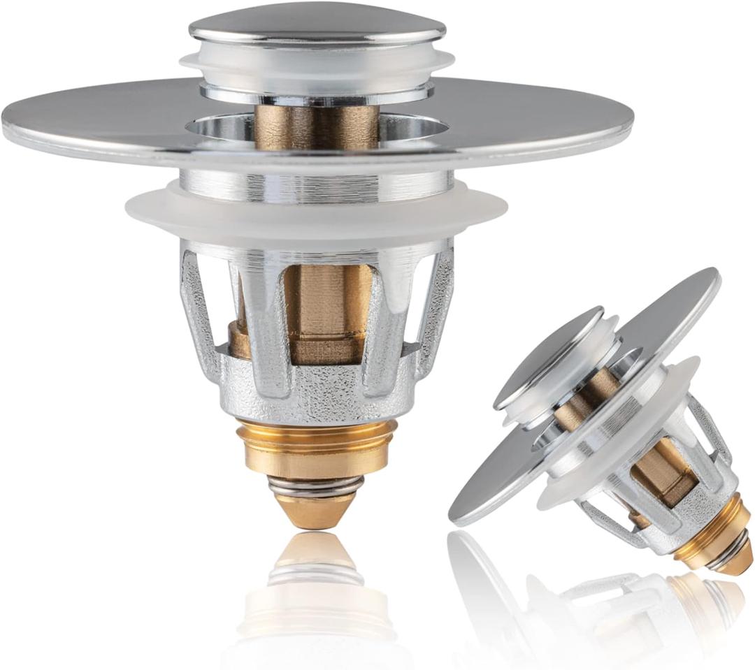 Universal Bathroom Sink Stoppers (2-Pack)  Premium Universal Pop-Up Drain Plug for 1.11.96 | Stainless Steel & Brass Core | Anti-Clog Filter | Easy Tool-Free Installation