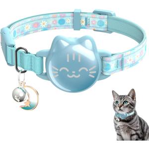 Waterproof Airtag 2nd & 1st Cat Collar, Breakaway Cat Airtag Collar with Luminous & Reflective Fish Pattern, Lightweight Kitten Collars for Apple Air tag, Hidden GPS Tracker Holder for Cats, Kittens (Small(9-13inch), Floral Mint green)