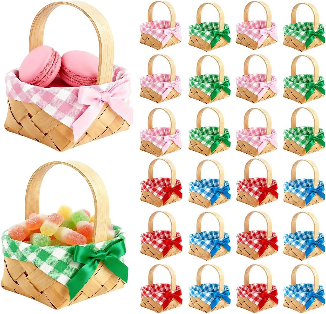 24Pcs Mixed 4 Colors Mini Woven Picnic Baskets S/M Combo with Handles, Satin Bows & 80 Gingham Napkins, Rustic Favor Baskets for Wedding, Baby Shower, Easter, Christmas, Party Favors