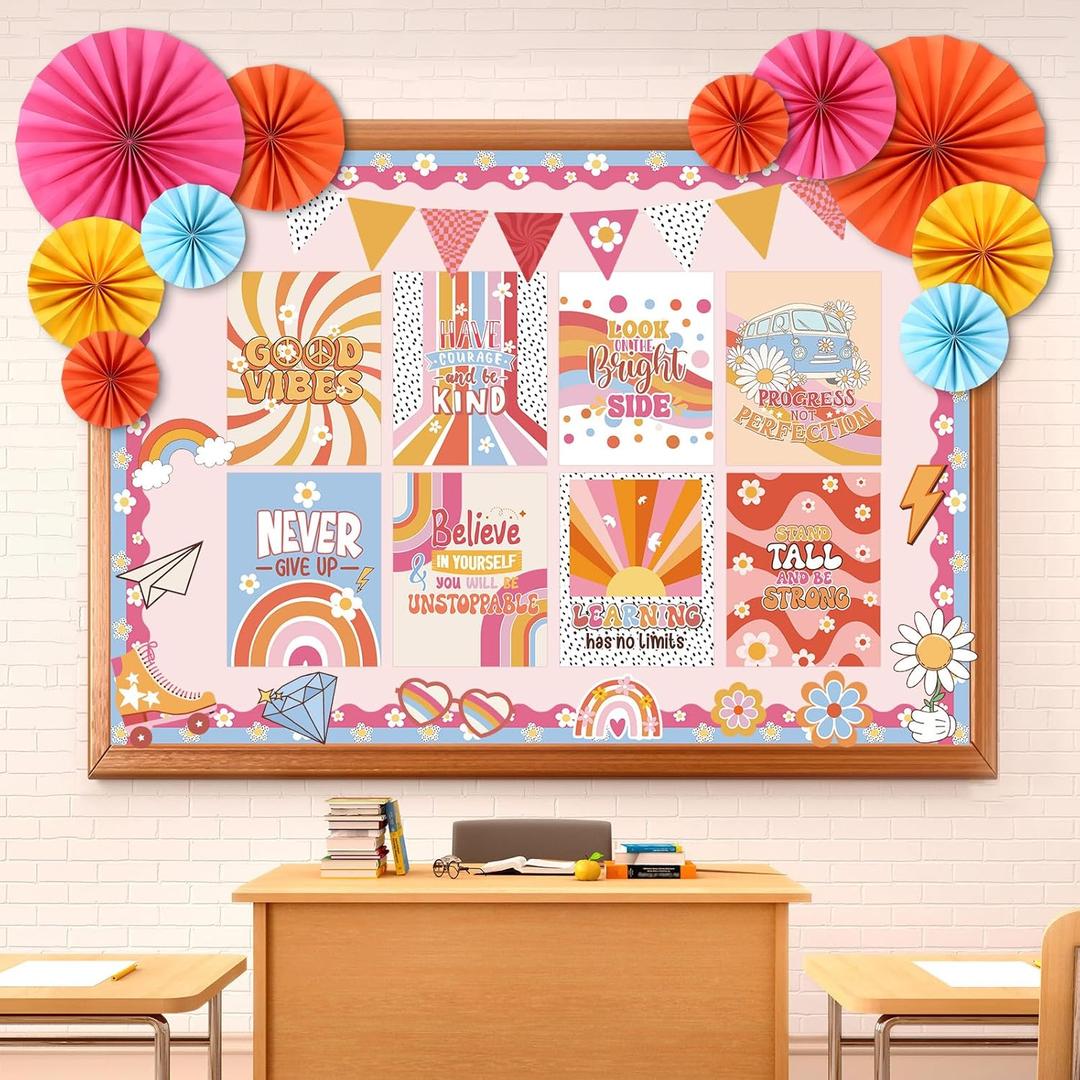 Pajean 62 Pcs Retro Groovy Classroom Bulletin Board Decorations Inspirational Posters with 3D Paper Fans Groovy Cutouts Motivational Bulletin Board Set for Back to School Classroom Home Decorations