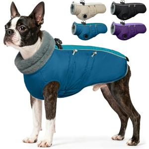 IDOMIK Warm Dog Coat with Harness, Waterproof Reflective Dog Jackets for Small Medium Large Dogs, Fleece High Collar Winter Jacket with Zipper, Pet Winter Snowsuit Clothes for Cold Weather,Blue S (S(Neck Girth:12.6"))