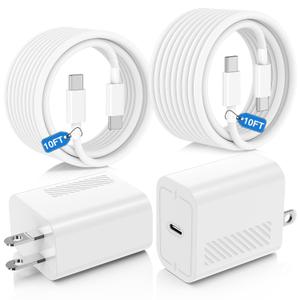 40W USB C Fast Charger for iPhone 17/ Air/16/15 Pro Max,2Pack 10FT Type C Charger Block & Cable, PD 3.0 Super Fast Charging for iPad Pro MacBook Air/Pro M1/M2, AirPods (White)