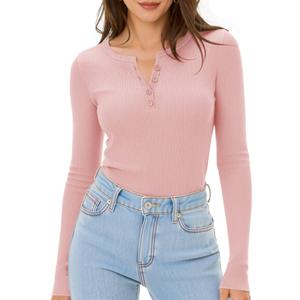 Women's Long Sleeve Henley Tops, Slim Fitted Ribbed Casual Tee Top, Stretchy Casual Shirts(Pink,XL) (Pink, XL)