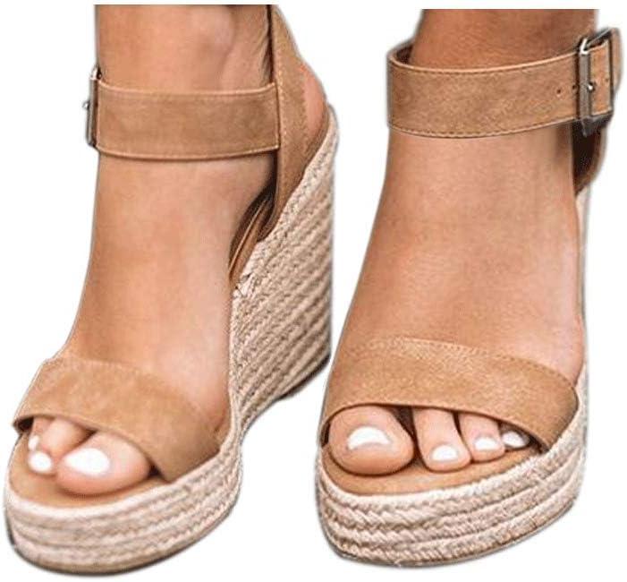 Women's Platform Sandals Wedge Ankle Strap Open Toe Sandals (7.5, Khaki-1#)