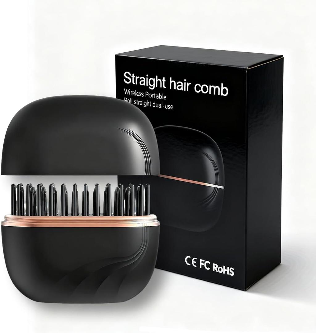 Mini Straightener Brush, Rechargeable Portable Hair Straightener Brush, 3-Speed Temperature Control, Anti-Scald Shell, Lightweight and Portable for Home Travel Gift (Black)