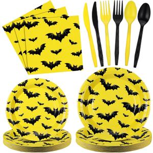 144 Pcs Bat Themed Party Supplies Hero Birthday Party Decorations Disposable Bat Tableware Set 48 Black Yellow Paper Plates 24 Napkins 24 Plastic Cutlery for 24 Guests Cartoon Birthday