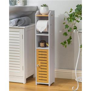 AOJEZOR Toilet Paper Holder Stand: Small Bathroom Storage Cabinet- White&Bamboo