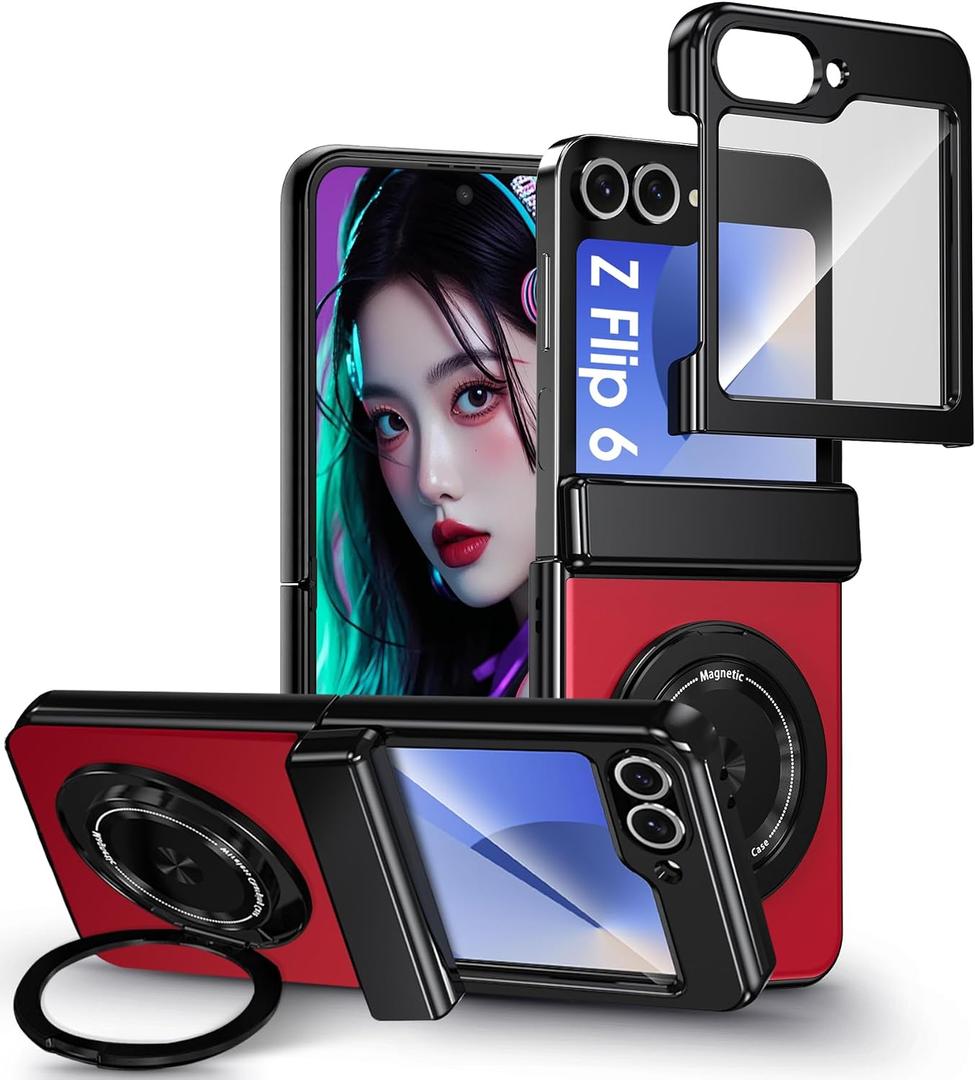 for Samsung Galaxy Z Flip 6 Case with Screen Protector, Hinge Protection Phone Case for Z Flip 6, with Mag-Safe, 360 Rotating Ring Holder, Hard PC Shockproof Full Body Protective Cover (Red)
