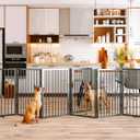 Vantas Folding No-Assembly Metal Pet Gate 120" Wide, 32" Extra Tall Dog Gate with Door Walk Through, Freestanding Accordion Puppy Gate Dog Door for Indoor & Outdoor, with 2PCS Support - Black