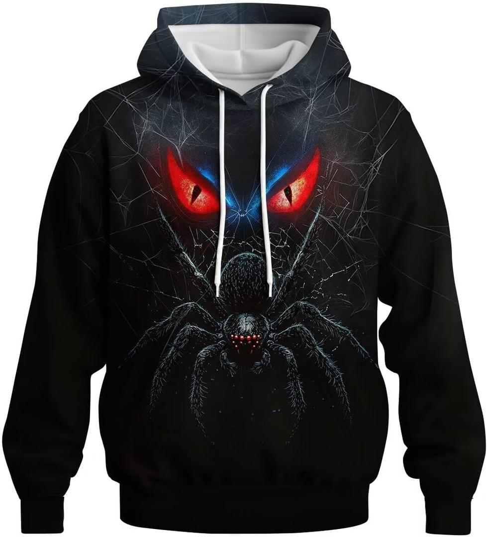 Novelty Long Sleeve Hoodie Funny Fashion Spider Print Sweatshirts (X-Large, Black)
