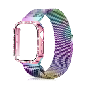 Mesh Loop with Bling Case Compatible with Apple Watch Band 38mm 40mm 41mm 42mm 44mm 45mm 46mm, Stainless Steel Metal Strap with Cover for iWatch Series 11 10 9 8 7 6 5 4 3 2 1 SE for Women