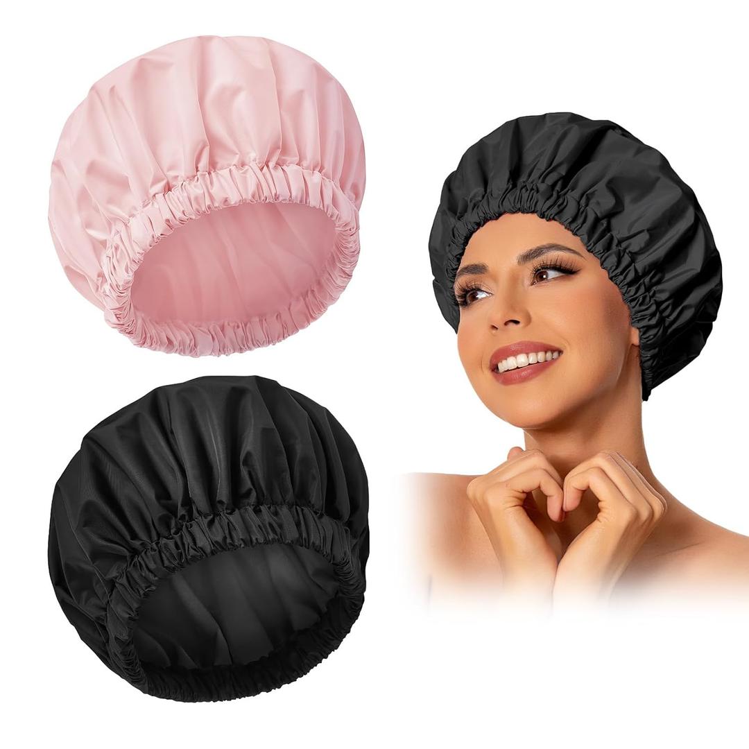 Reusable Shower Cap for Women, Large Waterproof Shower Bonnet Washable Elastic Band Bath Hair Hat for Long Hair, Braids Pink and Black
