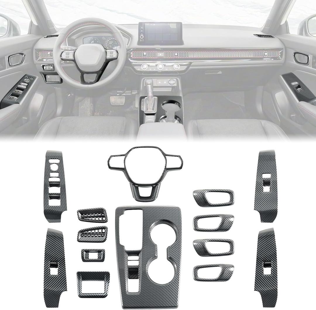 Center Console Moulding Trim for 2022-2026 Honda Civic 11th Gen with Steering Wheel Cover Air Outlet Trim Inner Door Bowl Cover Window Switch Panel Trim (Carbon Fiber Style)