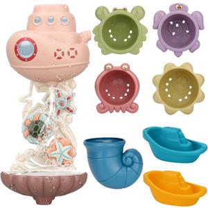 Bath Toys for Toddlers Age 2-4, Bathtub Water Toys for Kids Age 1-3, Toddler Bath Toy Contains 4 Stackable Cups and 2 Boats and 1 Conch Spoon, Gift for Infants Boys Girls 6-12 Months (Gray)