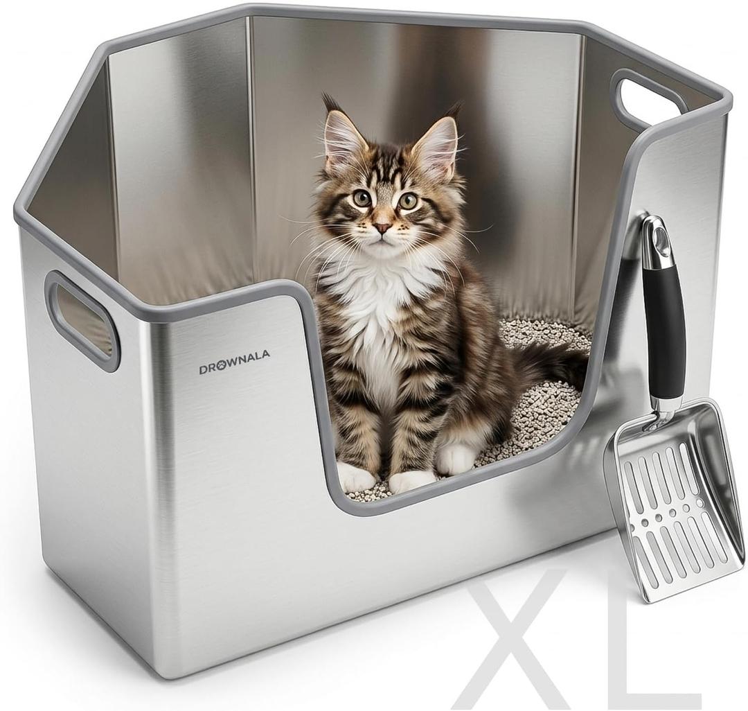 Corner Stainless Steel Litter Box for Cat & Kitten - No Odor
Extra Large High Sided Triangle Stainless Steel Pan Litterbox - Litter High Sides Wall - Non Stick - Easy to Clean With Scoop