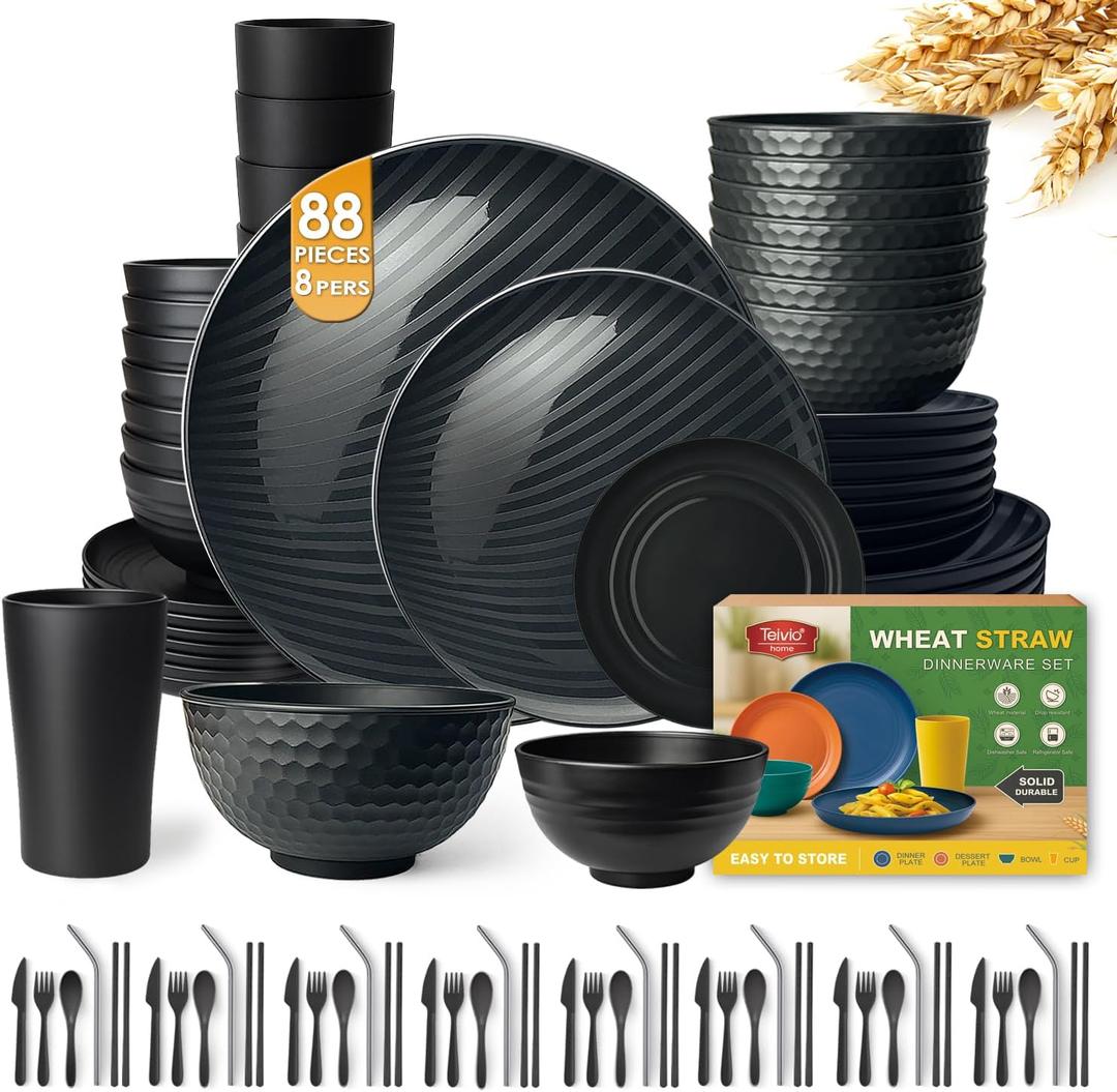 Teivio 88-Piece With Flatware Kitchen Plastic Wheat Straw Dinnerware Set for 8, Dinner/Dessert/Appetizer Plates, Cereal Fruit Bowls, Pasta Bowls, Cups, Unbreakable Dishwasher Safe Outdoor Dish, Black