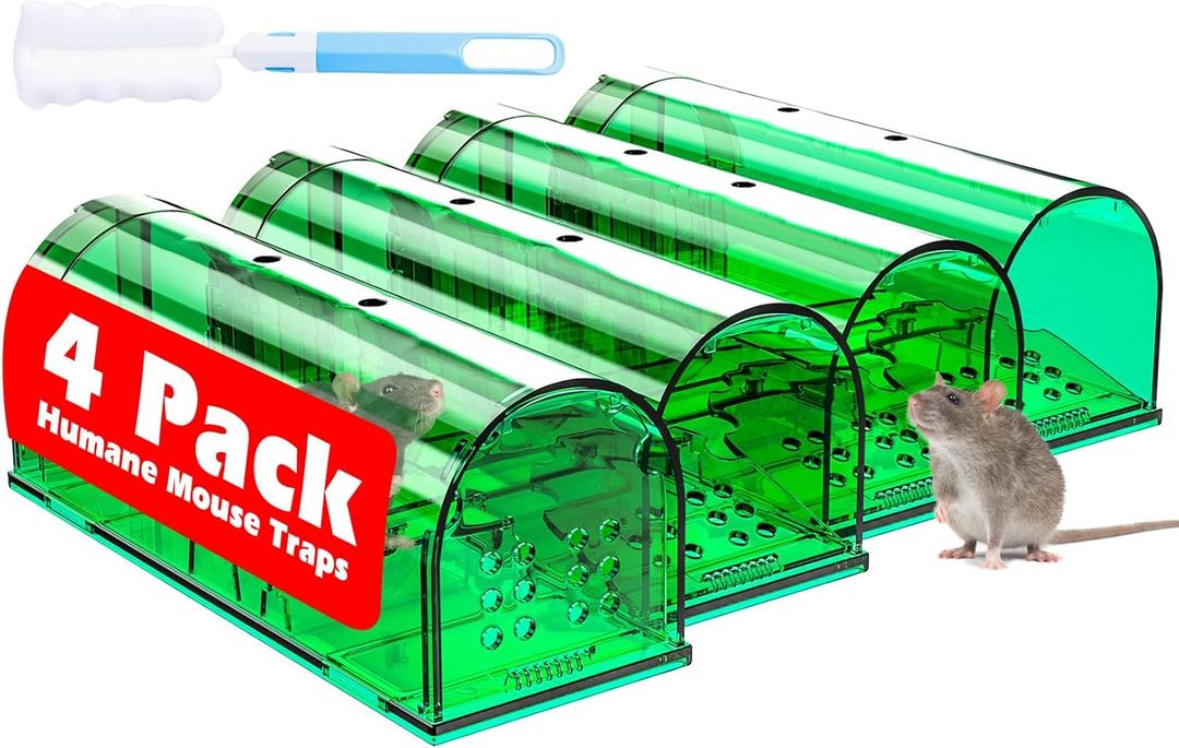 4 Pcs Humane Mouse Traps Indoor for Home, Live Mouse Trap, Reusable Mice Trap Catcher for House & Outdoors (01-Green(4Pack))