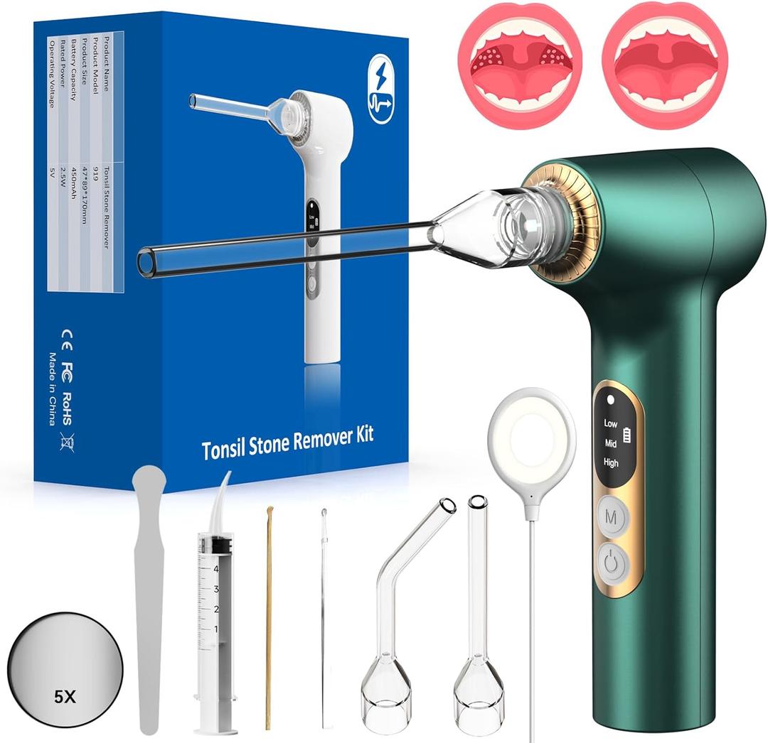 Tonsil Stone Removal kit, Tonsil Stone Remover Vacuum with Built-in Blue Light, Rechargeable Tonsil Stone Remover to Combat Bad Breath, Dark Green