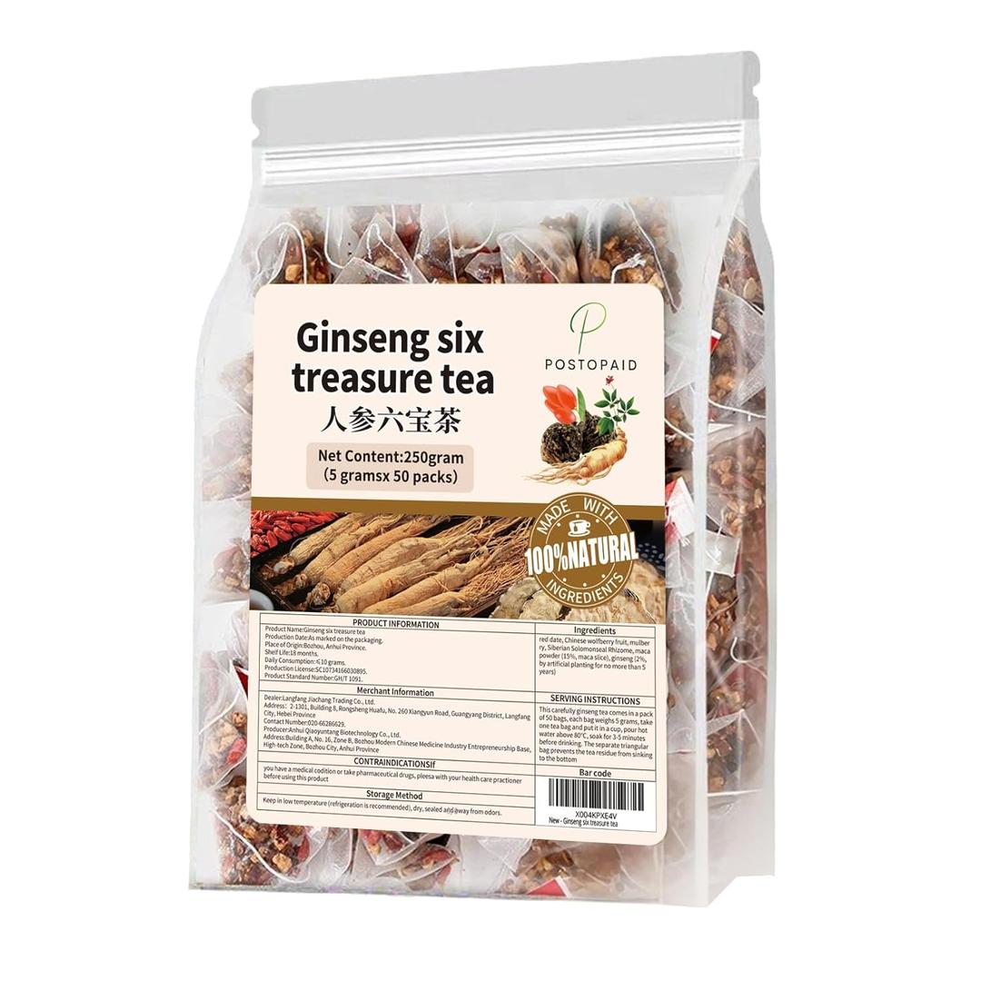 Ginseng Six Treasures Tea Kidney Tea, Kidney Teas, Traditional Chinese Herbal Teas (1 Pack/50 Bags)