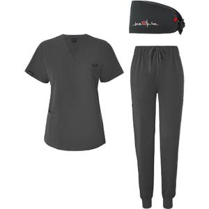 Women's V-Neck Scrubs Set With Cap, Stretchy Top and Jogger Pants, 11 Pockets Nursing Uniform (Small, Grey)
