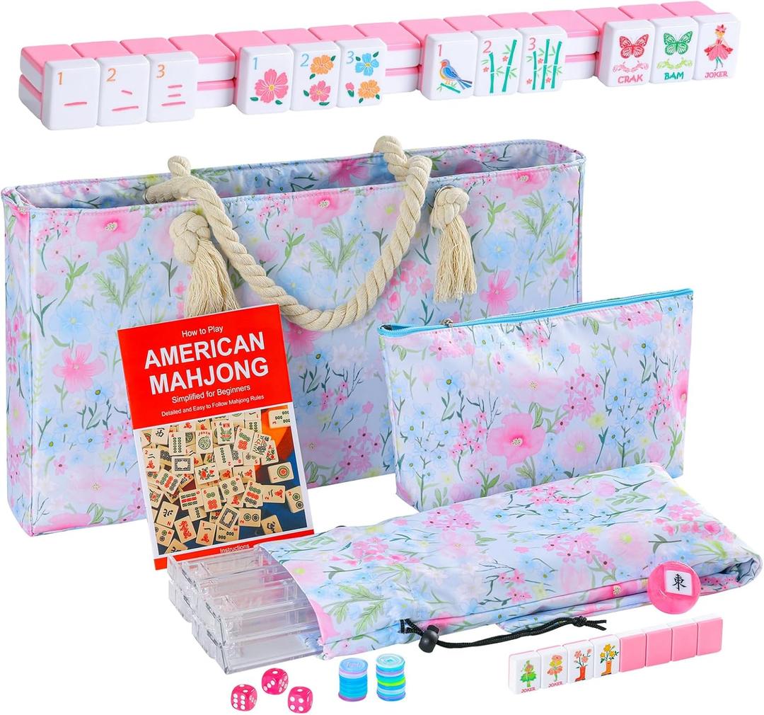 2026 American Mahjong Set Complete with Blue Carrying Bag, 160 Pink Cute Mahjong Tiles, 4 All-in-One Transparent Mahjong Racks with Pushers, Majiang Tile Set