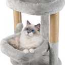 Cat Tree for Indoor Cats, 2-Tier Cat Tower with Padded Donut Beds, Stable Structure, Sisal Scratching Posts & Hanging Ball Toy, Modern Cat Furniture (Light Grey)