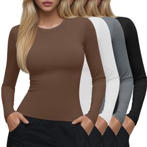 Neer 4 Pcs Womens Long Sleeve Yoga Shirts Crew Neck Compression Tight Workout Shirts Lightweight Stretchy Breathable Tees (Medium, Brown, White, Light Gray, Black)