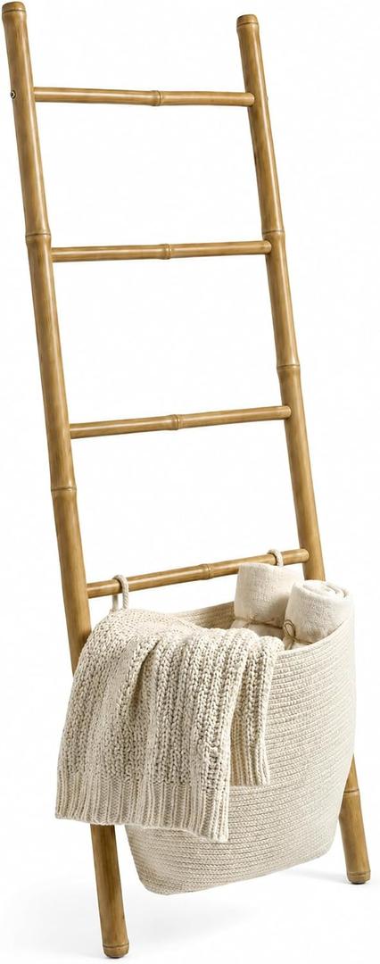 Bamboo Blanket Ladder with 2 Woven Storage Baskets, Handcrafted 55in Decorative Ladder for Blankets, Leaning Blanket Holder for Living Room, Towel Ladder for Bathroom & Quilt Display Rack, Large