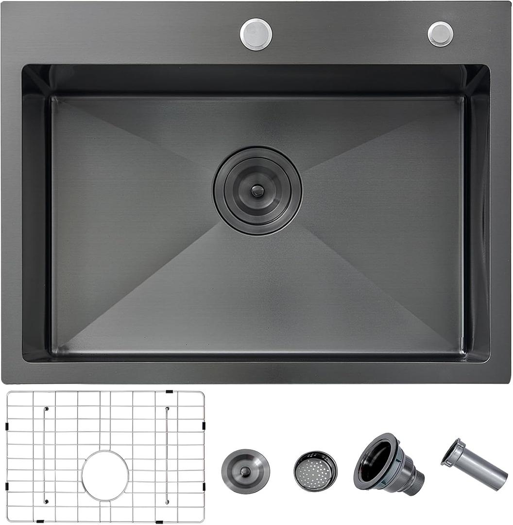 HOTIS 24 X 18 Inch Black Drop In Kitchen Sink, Black Stainless Steel Kitchen Sink, Large Residential Sink with 2 Holes, Single Bowl Topmount Workstation Sink with Dish Grid & Drain
