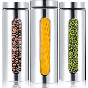 Mimorou 3 Pcs Stainless Steel Canister Set with Glass Windows Visible Storage Jars Silver Kitchen Canister Set for Pasta Flour Oat Sugar Container, Kitchen Tools, Housewarming Gifts (60 Oz)