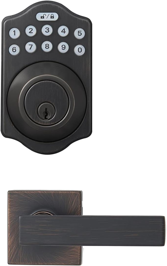Amazon Basics Traditional Electronic Keypad,Keyless Entry Door Lock Deadbolt with Handle Set, Key Pad Front Door with Knob, Traditional Door Locks for Front Door Handle, Oil Rubbed Bronze, 1-Pack