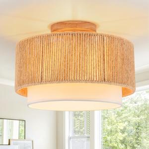 SineRise 12'' Rattan Flush Mount Ceiling Light Fixture,2-Tier Drum Hand-Woven Boho Flush Mount Ceiling Light,Farmhouse Light Fixture for Living Room,Kitchen,Bedroom Foyer Entryway ect. (Gold)