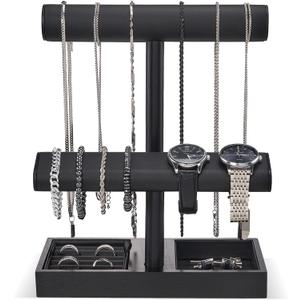 ProCase Watch Holder Stand for Men, Fathers Day Gift for Dad Father Husband Boyfriend, Wood Jewelry Display Rack, Necklace Hanger Organizer for Chains Bracelets Rings -Black