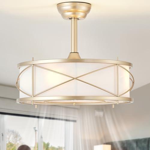 Bexilyny Gold Boho Fandelier Ceiling Fan with Light, 20" Gold Chandelier Ceiling Fans with Lights and Remote, Caged Boho Rattan with 6 Speeds for Living Room, Bedroom, Nursery