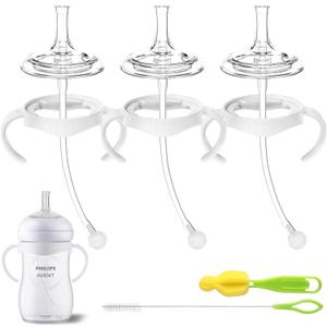 Straw Cup Conversion Kit for Philips Avent Natural Baby Bottles, Sippy Cups Transition Kit with Silicone Straw Top Nipples, Weighted Straw, Bottle Handle, Cleaning Brush for Toddler 6+ Month, 3-Pack