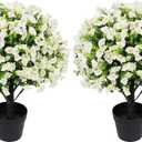 24" Artificial Potted Plants Outdoor Set of 2, UV Resistant Faux White Flowers with Eucalyptus, Decorative Plants in Pots for Front Porch, Patio & Entryway