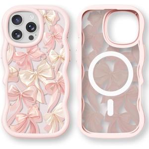 Bouvardia for iPhone 16 Pro Max Case - Pink Wavy Shockproof Frame & Pink Bow Dance Pattern - Compatible with Magsafe - Anesthetic Cute Design for Women and Girls