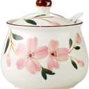 Ceramic Japanese Hand Painted Flower Sugar Bowl Seasoning Jar with Lid Spoon