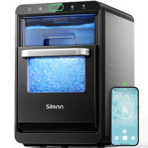Nugget Ice Maker Countertop - Silonn Smart Pebble Ice Machine, Pellet Ice 44 lbs per Day, Crushed Ice from Timer Function and Status Alerts with Silonn App, Stainless Steel (44lbs, Smart Controlled)
