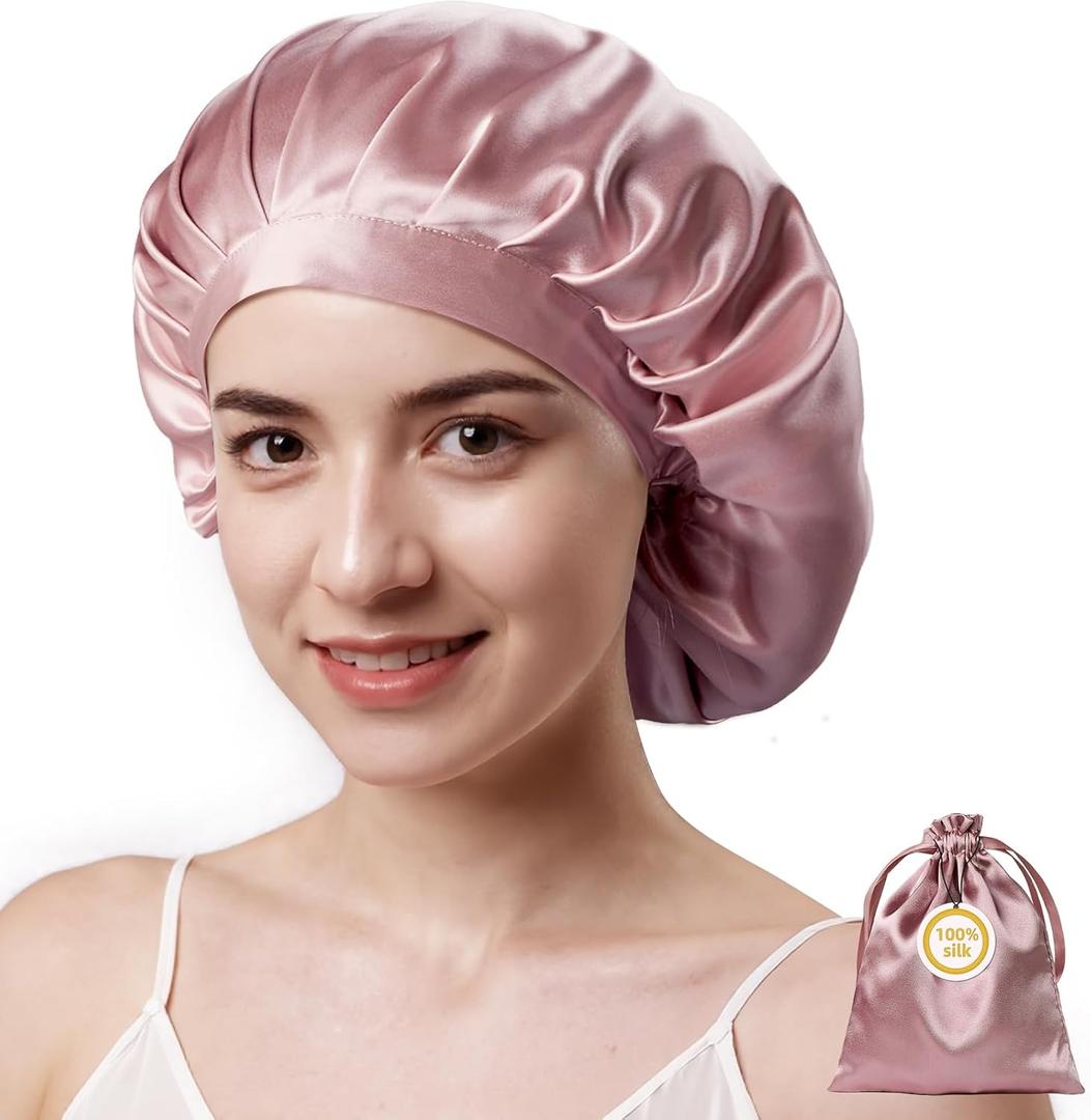 Kaome 100% Mulberry Silk Bonnet for Sleeping Women, 22 Momme Double Layer Silk Hair Wrap, Non-Slip Sleep Cap with Adjustable (Pink)