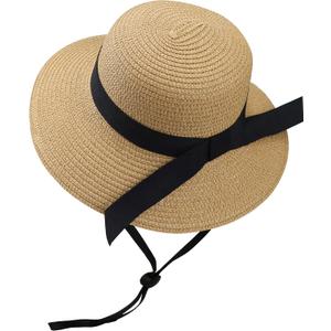 Girls Wide-Brim Straw Sun-Hat for Summer Beach with Bow (5-9 Years, Khaki)
