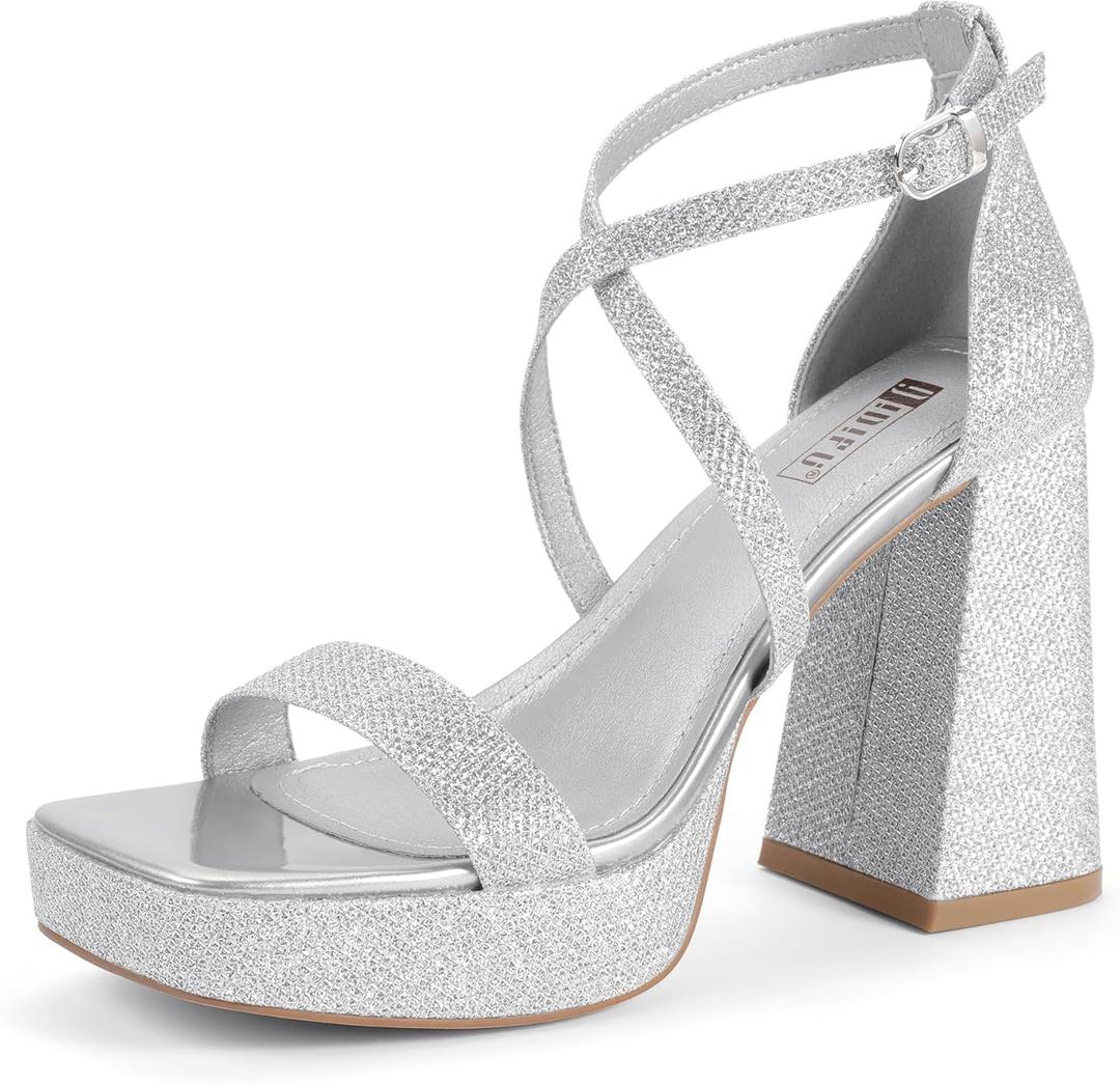 IDIFU IN4 Platform Heels for Women - High Strappy Chunky Block Square Toe Sexy Wedding Dress Shoes - Open Toe Ankle Strap Heeled Sandals - Comfortable Thick Heels - Half Size Larger (9, Silver Glitter)