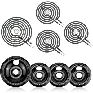 Electric Stove Burner Drip Pans WB31M19(8) WB31M20(6) Electric Stove Top Burner Replacement WB30M1(6") WB30M2(8") Compatible for G-E Hot-point Ken-more General Electric Stove Parts by MIFLUS (Black Drip Pans 1*8in 3*6in and Stove Burner 1*8in 3*6in)