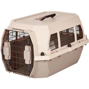 Amazon Basics Hard-Sided Dog and Cat Kennel, Single-Door Travel Pet Carrier with Metal Wire Ventilation, 23.6"L x 15.7"W x 13"H, Beige