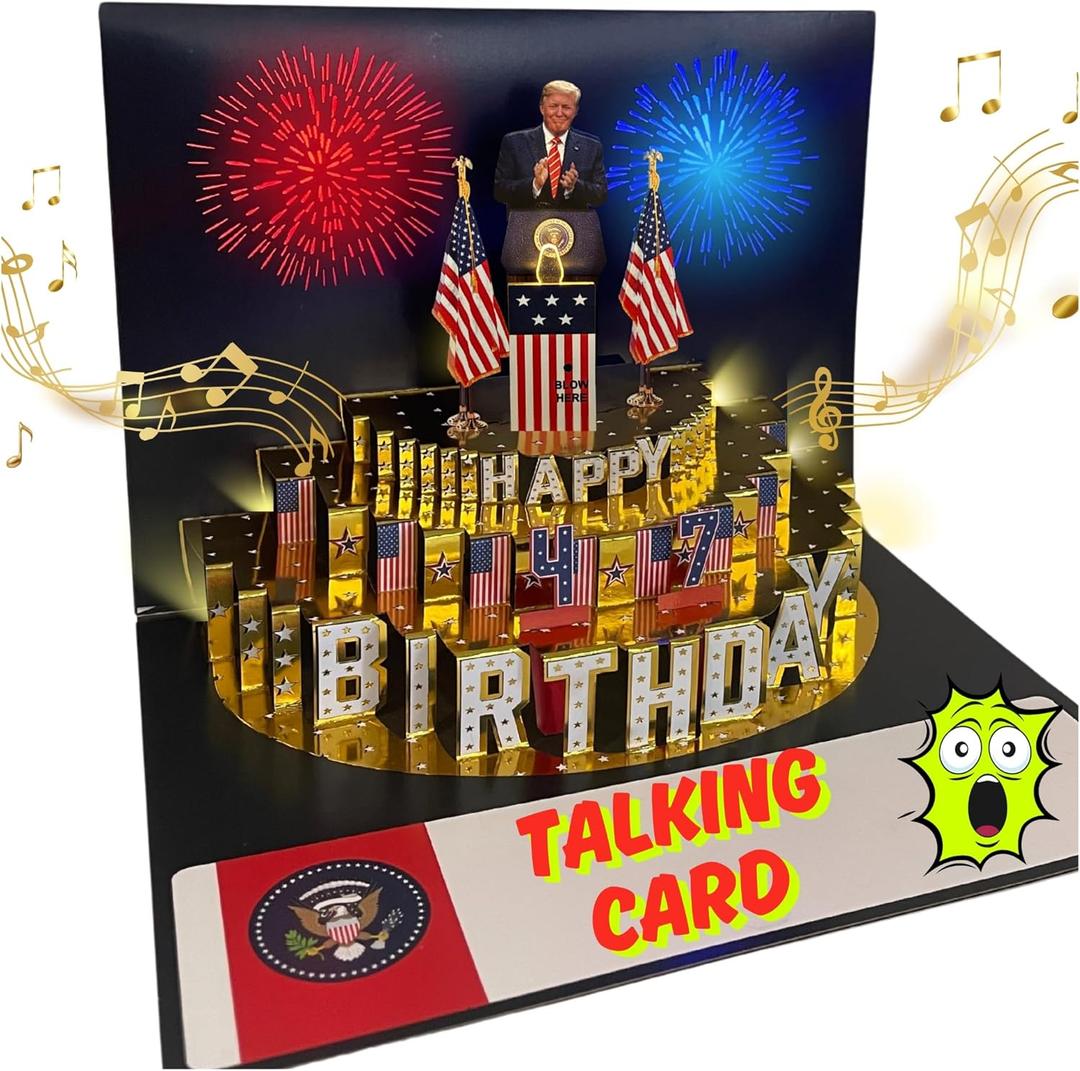 Talking Pop Up Birthday Card for Men and Women with Lights & Blow-out Candle, Real Voice Birthday Message with DIY Numbers, Funny Political Dad Birthday Gift for Men and Fans with Golden Cover