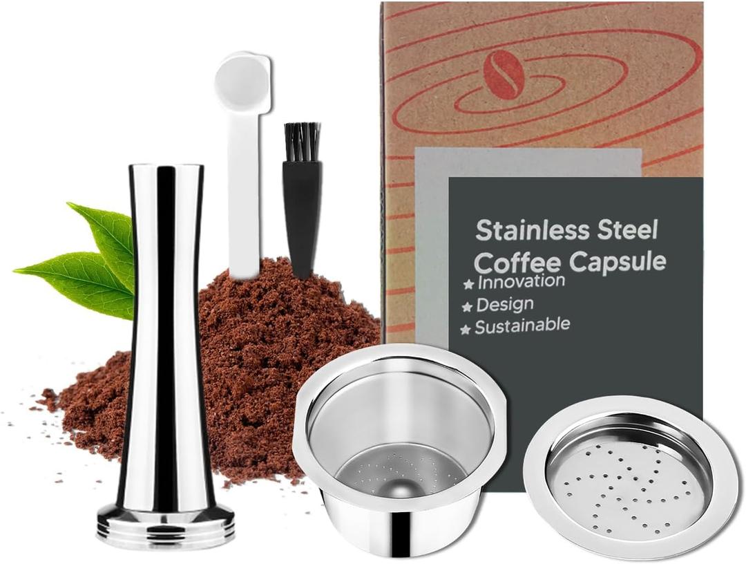 Stainless Steel Coffee Capsules, Reusable Espresso Capsules for K Fee Pods Refillable Coffee Capsule Filter with 30 mm Tamper and 1 Spoon 1 Brush