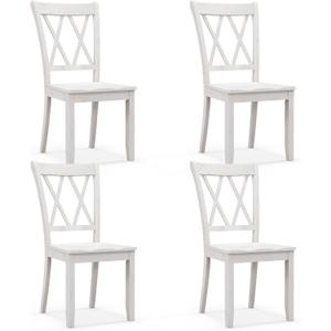 Giantex Wood Dining Chairs Set of 4 White, Rustic Armless Kitchen Chairs w/Rubber Wood Frame, Cross Back, Contoured Seat, Farmhouse Wooden Side Chairs, High Back Kitchen Chairs for Home Dining Room