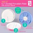Elk and Friends Kids 7.8” Porcelain White Divided Plates with Silicone Suction Sleeves | Suitable for Babies/Toddlers | Microwave & Dishwasher Safe | Stay Put Dinnerware | Snack Dishes | 2 Pack